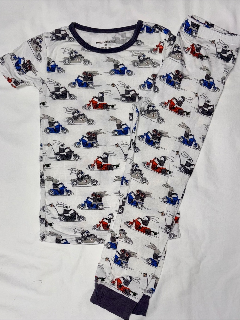 Magnetic Me pajama set with bunnies on motorcycles sz 3T EUC